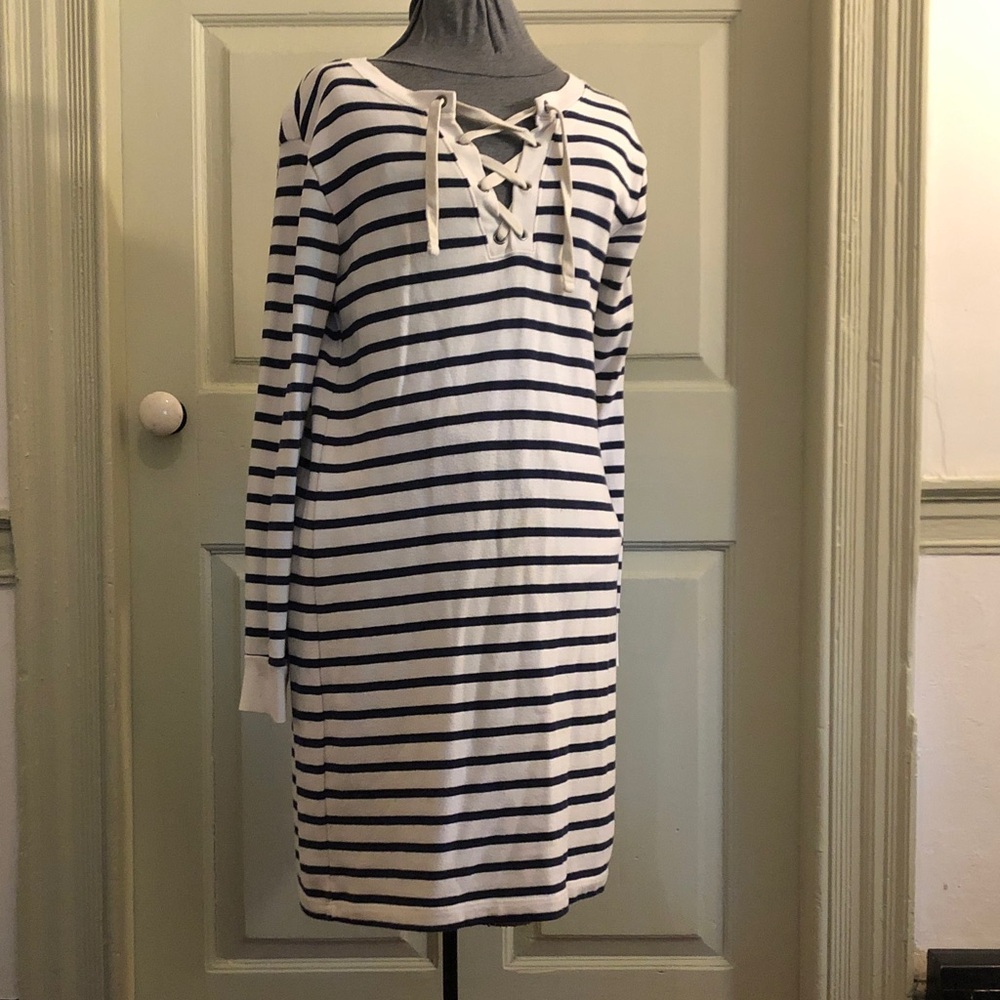 Old Navy Navy and White Striped Lace-Up Long Sleeve Dress